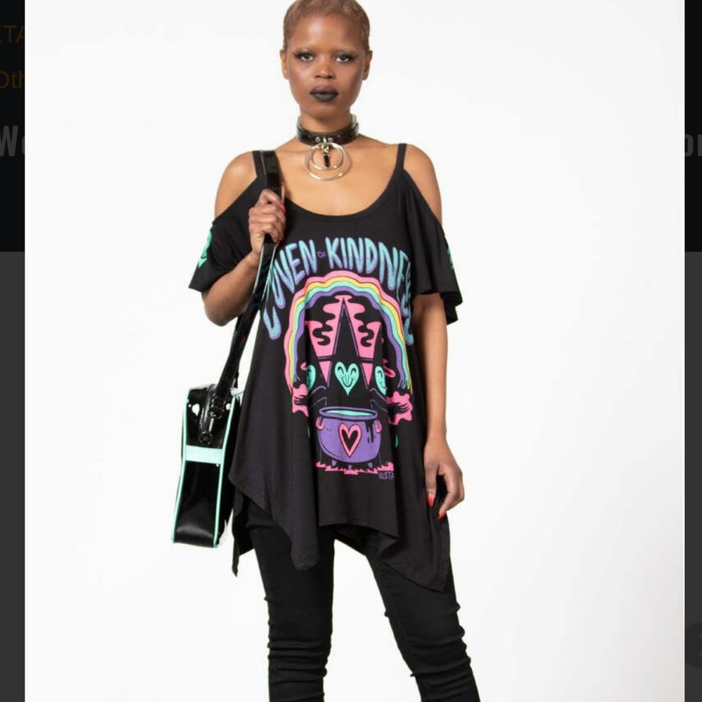 Killstar Love Potion Hanky Black Cold Shoulder Top with Colorful Graphic - Picture 2 of 5
